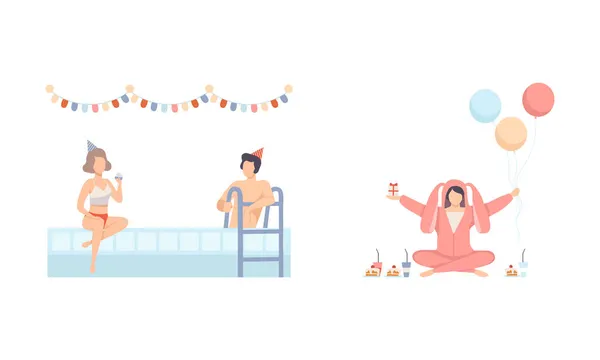 Fröhliche Menschen mit Hütchen im Schwimmbad trinken Cocktail und feiern Fest Vector Illustration Set — Stockvektor