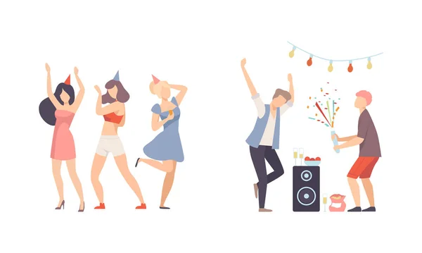 Personaje Gente Alegre en Cono Sombrero Baile y Beber Cóctel Celebrando Fiesta Vector Illustration Set — Vector de stock