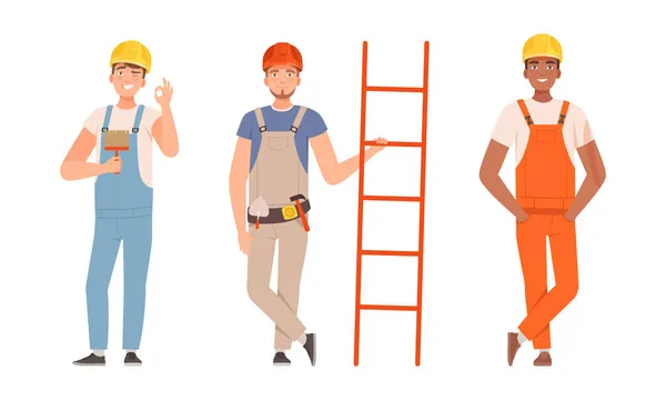 Handyman or Fixer as Skilled Man Wearing Overall Holding Ladder and Brush Engaged in Home Repair Work Vector Set — Stock Vector