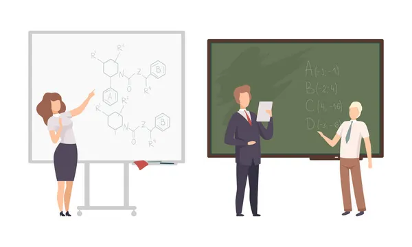 Öğretmen ya da Üniversite Profesörü Tebeşir Kurulu 'nun önünde duruyor Ders Vektörü Ayarları — Stok Vektör