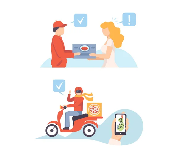 Man and Woman Receiving Parcel and Waiting for Pizza Delivery as Service Order Vector Set — Stock Vector