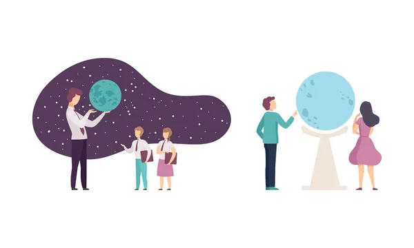 People Character Visiting Planetarium Tudnivalók a csillagászatról és az éjszakai égbolt vektorkészletéről — Stock Vector