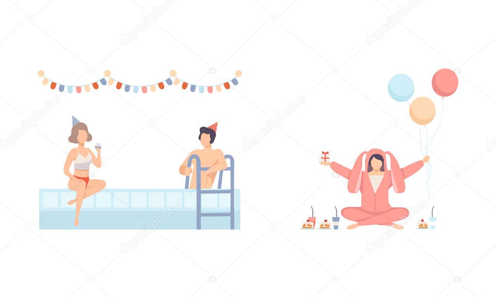 Joyful People Character in Cone Hat at Swimming Pool Drinking Cocktail Celebrating Feast Vector Illustration Set