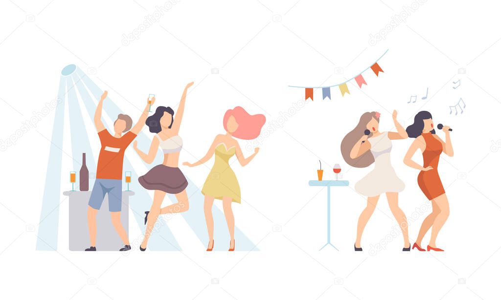 Joyful People Character Dancing and Drinking Cocktail Celebrating Feast Vector Illustration Set