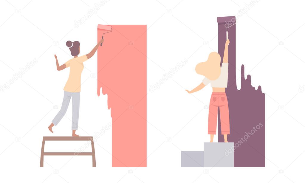 Woman Coloring Wall with Paint Roller Vector Set