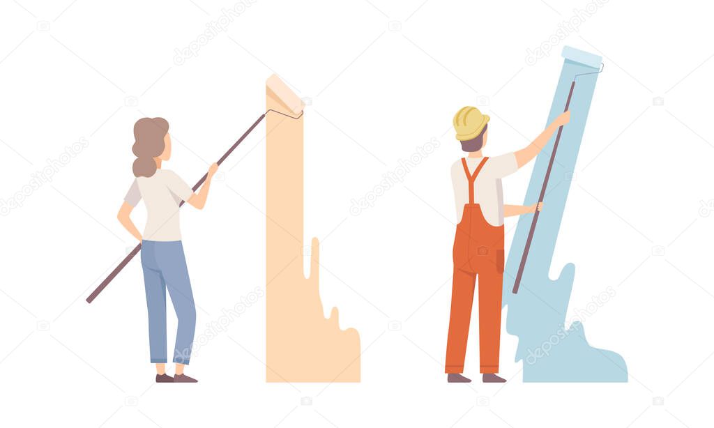 Male and Female Coloring Wall with Paint Roller Vector Set