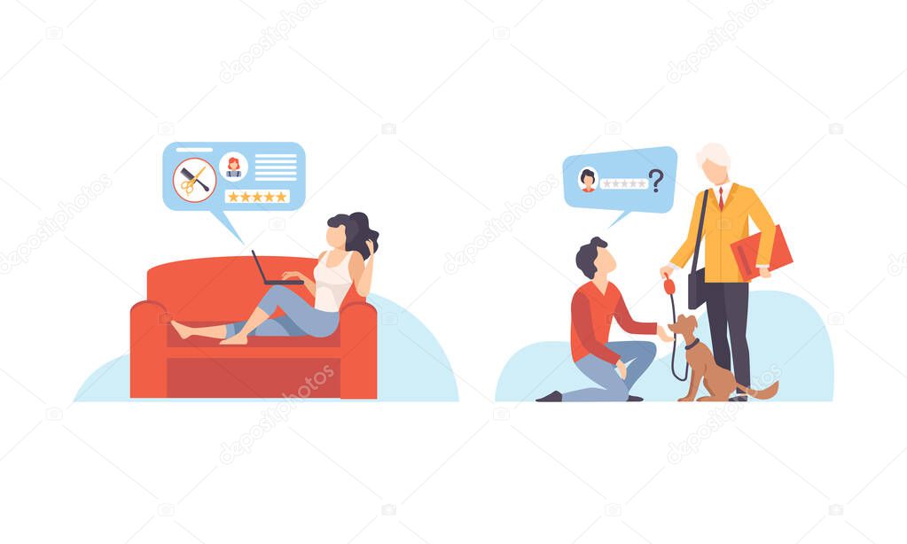 Man and Woman Ordering Service in Hairdressing and Dog Walking Vector Set