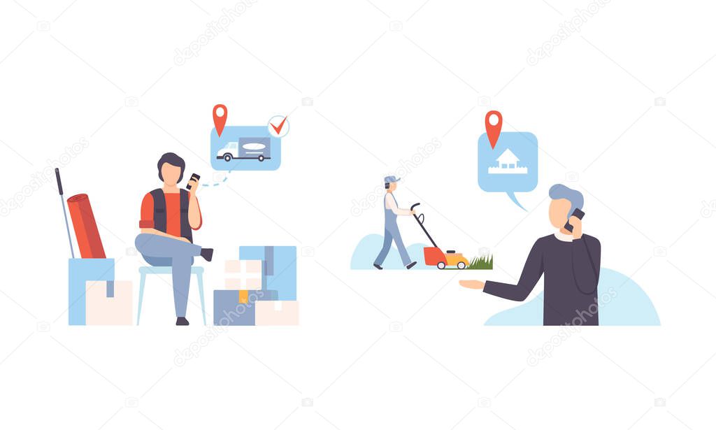 Man Ordering Freight Mover and Gardening Service Vector Set
