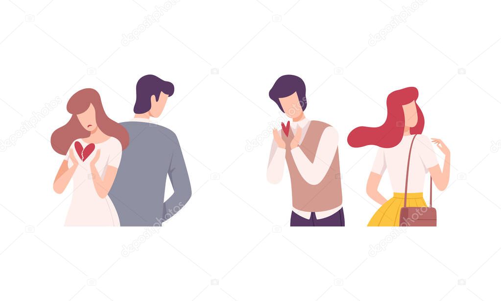 Man and Woman Experiencing Unrequited Love Feeling Vector Set