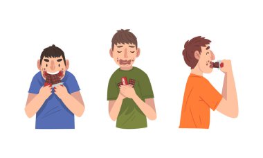 Young Guy Greedily Eating Bar of Chocolate Vector Set clipart