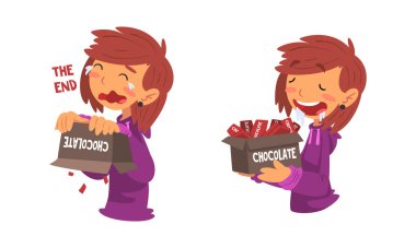 Young Girl Crying Because of Chocolate End and Running Saliva to Box of Sweets Vector Set clipart