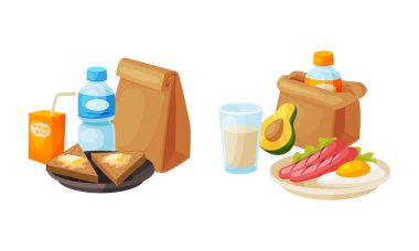 Çırpılmış yumurta ve ekmek dilimleme vektörlü sosisli Kraft Kağıt Torbası