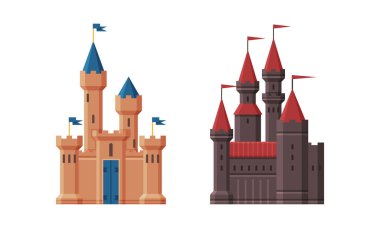 Ortaçağ Kalesi, Uzun Taş Kule ve Üst Çatı Vektörü Dizisinde Bayrak