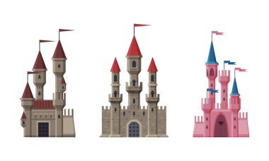 Ortaçağ Kalesi, Uzun Taş Kule ve Üst Çatı Vektörü Dizisinde Bayrak