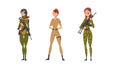 Young Woman Soldier or Officer in Combat Uniform with Assault Rifle Vector Set clipart