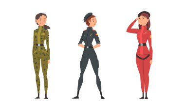 Young Woman Soldier or Officer in Combat Uniform Vector Set clipart