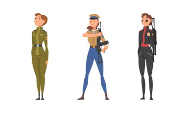 Young Woman Soldier or Officer in Combat Uniform with Assault Rifle Vector Set clipart