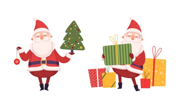 Santa Claus postava s bílým vousem a červeným kloboukem držení dárkové krabice a vánoční jedle strom vektor Set — Stockový vektor