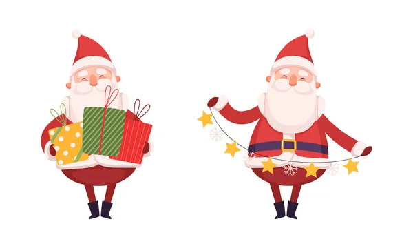Postać Santa Claus z białą brodą i Red Hat Holding Gift Box i Star Garland Vector zestaw — Wektor stockowy