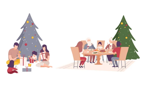 Familie verfraaien in de buurt van Kerstmis Fir Tree uitpakken Geschenkdoos en het hebben van feestelijk diner aan tafel Vector Illustratie Set — Stockvector