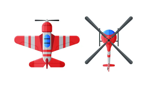 Летающие самолеты с реактивным двигателем и видом на пропеллер сверху — стоковый вектор