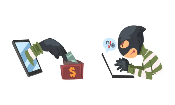 Hacker em Máscara Preta Quebrando Senha e Conjunto de Vetores de Segurança Móvel — Vetor de Stock