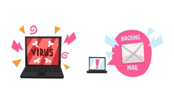 Hacking Mail and Virus on Laptop Breaking Mobile Security Vector Set — Stock Vector