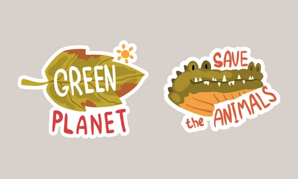 Go Green Sticker with Crocodile and Green Leaf Vector Set — Stock Vector