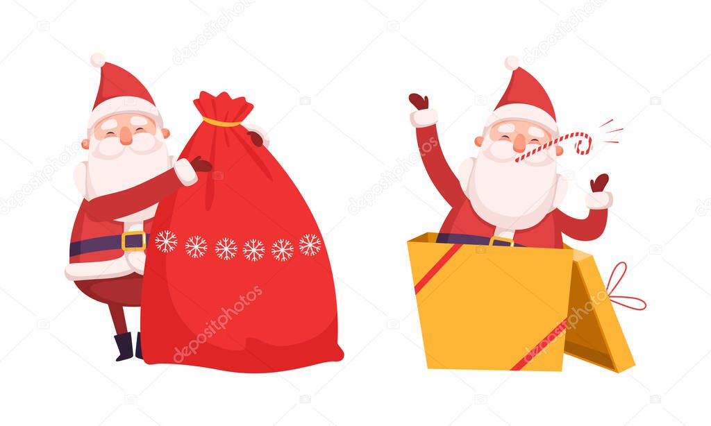 Santa Claus Character with White Beard and Red Hat Jumping Out of Gift Box and Holding Sack with Christmas Presents Vector Set