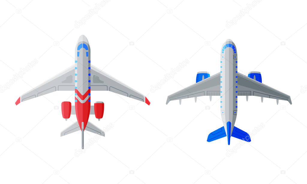 Flying Aircraft with Jet Engine View from Above Vector Set