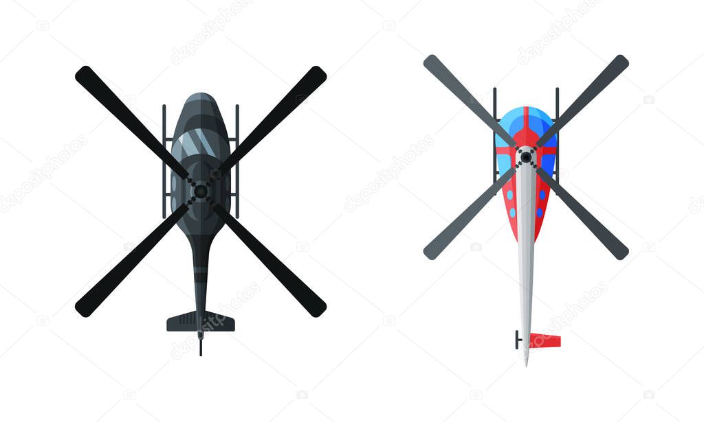 Flying Aircraft with Jet Engine and Propeller View from Above Vector Set