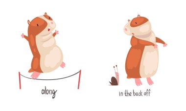 Cute Hamster Demonstrating English Language Preposition Word Vector Set clipart