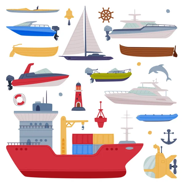 Watercraft or Swimming Water Vessel with Boat and Ship Vector Set — Stock Vector