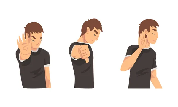 Young Man Showing Thumb Down and Stop Gesture with His Palm Hand Vector Set — Stock Vector