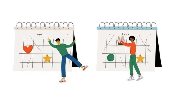 Hombre joven cerca de enorme calendario de escritorio con cita marcada y fecha Vector Set — Archivo Imágenes Vectoriales