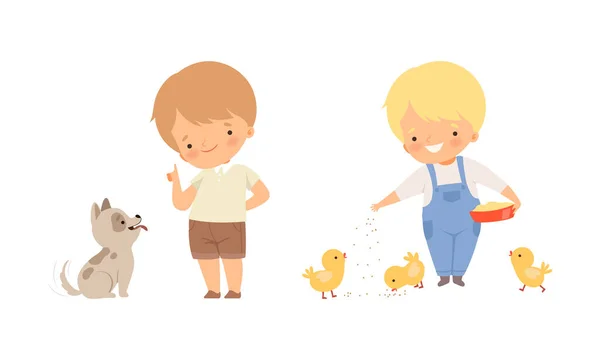 带有谷物和训练犬传病媒介集的小男孩喂养小鸡 — 图库矢量图片