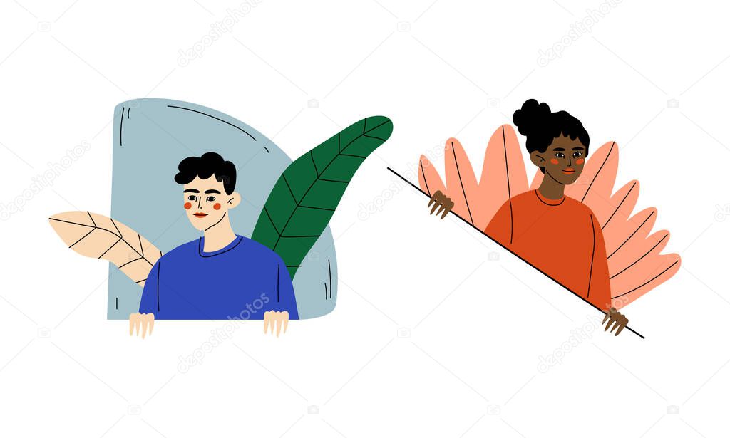 Young Man and Woman Peeking Out of Window with Flora Vector Set