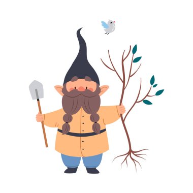 Cute Gnome Character with Beard in Pointy Hat Holding Shovel and Tree Sapling Vector Illustration clipart