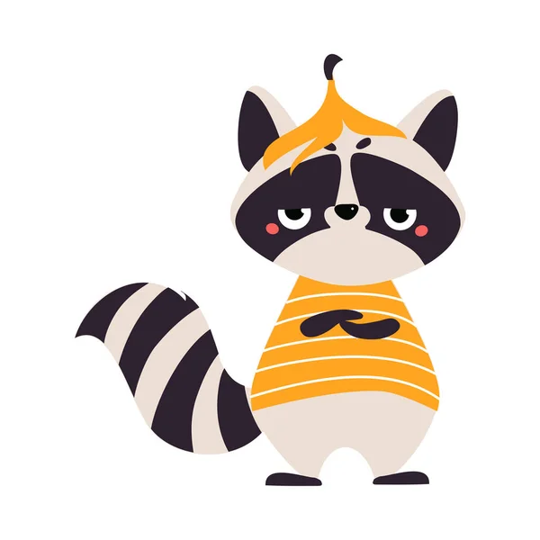 Cute Raccoon Character with Ringed Tail Wearing Striped Sweatshirt with Banana Peel on Its Head Vector Illustration — Stock Vector