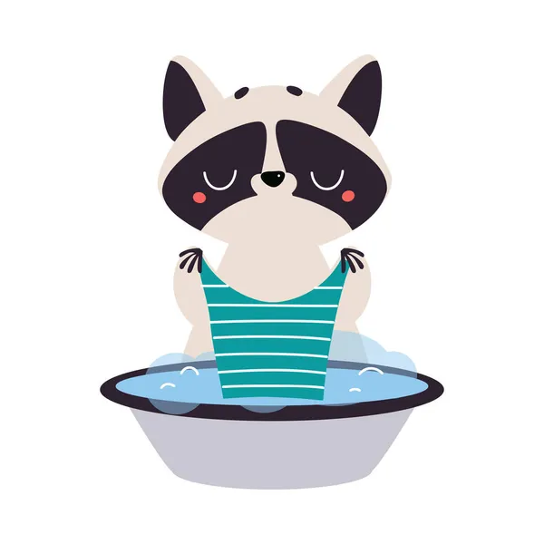 Cute Raccoon Character with Ringed Tail Rinsing Clothes in Wash Basin Vector Illustration — Stock Vector