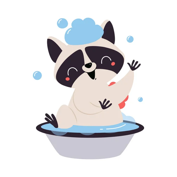 Cute Raccoon Character with Ringed Tail Bathing in Wash Basin Vector Illustration — Stock Vector