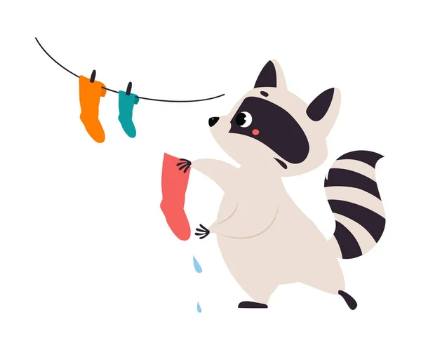 Cute Raccoon Character with Ringed Tail Hanging Socks on Rope Vector Illustration — Stock Vector