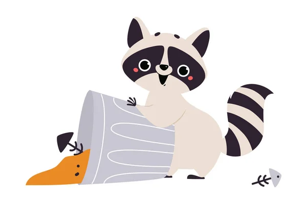 Cute Raccoon Character with Ringed Tail Digging in Dustbin Vector Illustration — Stock Vector