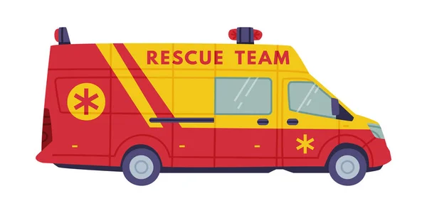 Červená a žlutá dodávka nebo náklaďák se sirénou jako záchranné vybavení a záchranné vozidlo pro naléhavou záchranu vektorové ilustrace — Stockový vektor