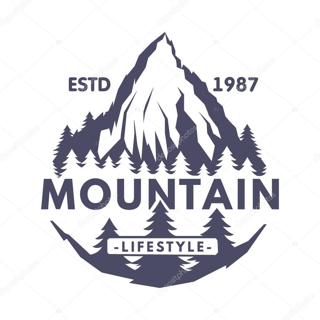 Outdoor Adventure and Hiking Tourism Logo with Black Forest and Mountain Silhouette Vector Template. Graphic Emblem for Extreme Camping and Wilderness Exploration Concept