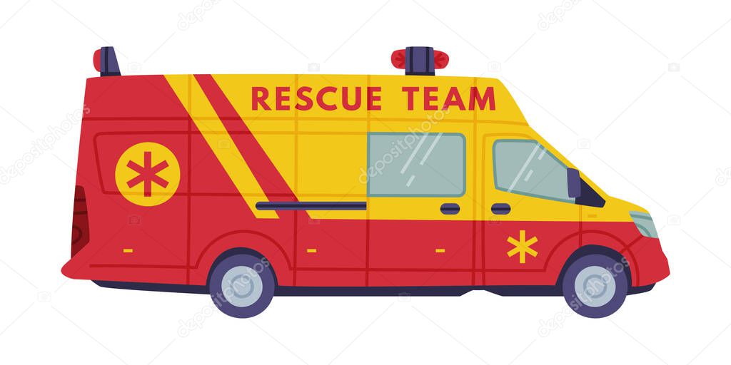 Red and Yellow Van or Truck with Siren as Rescue Equipment and Emergency Vehicle for Urgent Saving of Life Vector Illustration