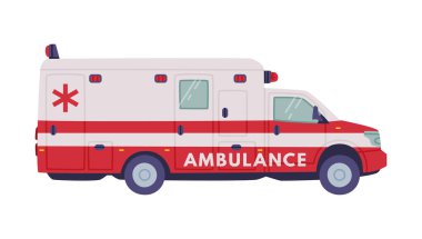 Ambulans Acil Kurtarma Servisi Taşıma Aracı ve Tıbbi Bakım Taşıyıcı İllüstrasyonu olarak Siren 'i kullanan minibüs veya Kamyon