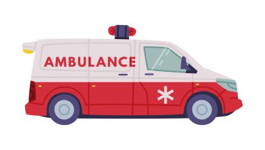 Ambulans Acil Kurtarma Servisi Taşıma Aracı ve Tıbbi Bakım Taşıyıcı İllüstrasyonu olarak Siren 'i kullanan minibüs veya Kamyon