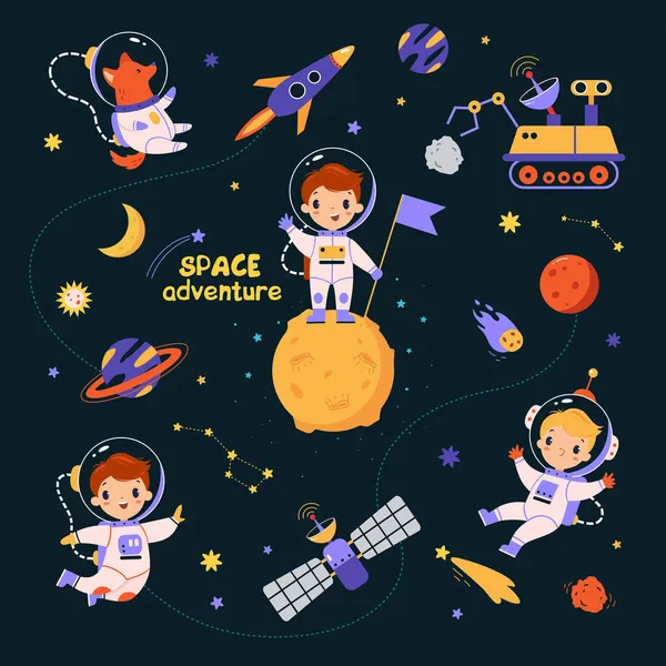 Космические приключения с персонажем астронавта мальчика и животного исследуя галактику с планетами вокруг векторного набора — стоковый вектор