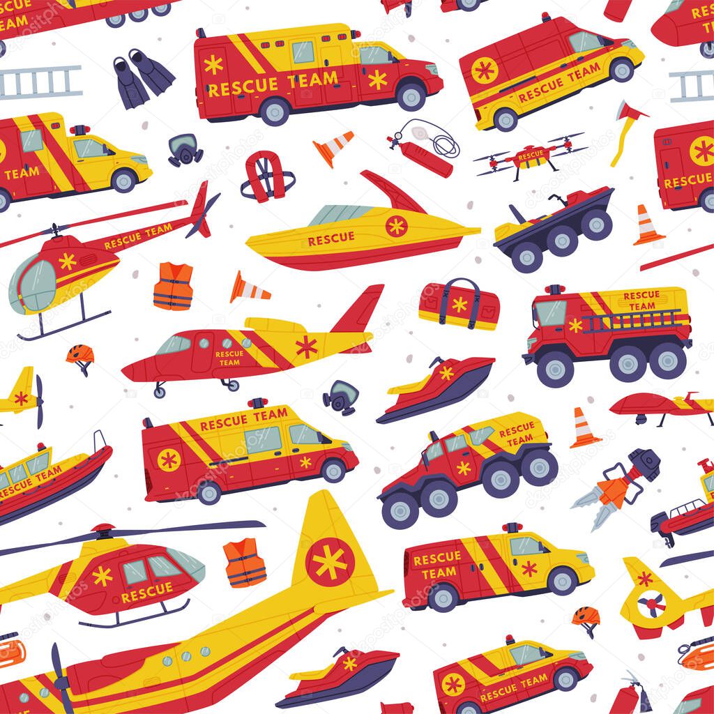 Rescue Equipment with Specialized Machine and Emergency Vehicle for Urgent Saving of Life Vector Seamless Pattern